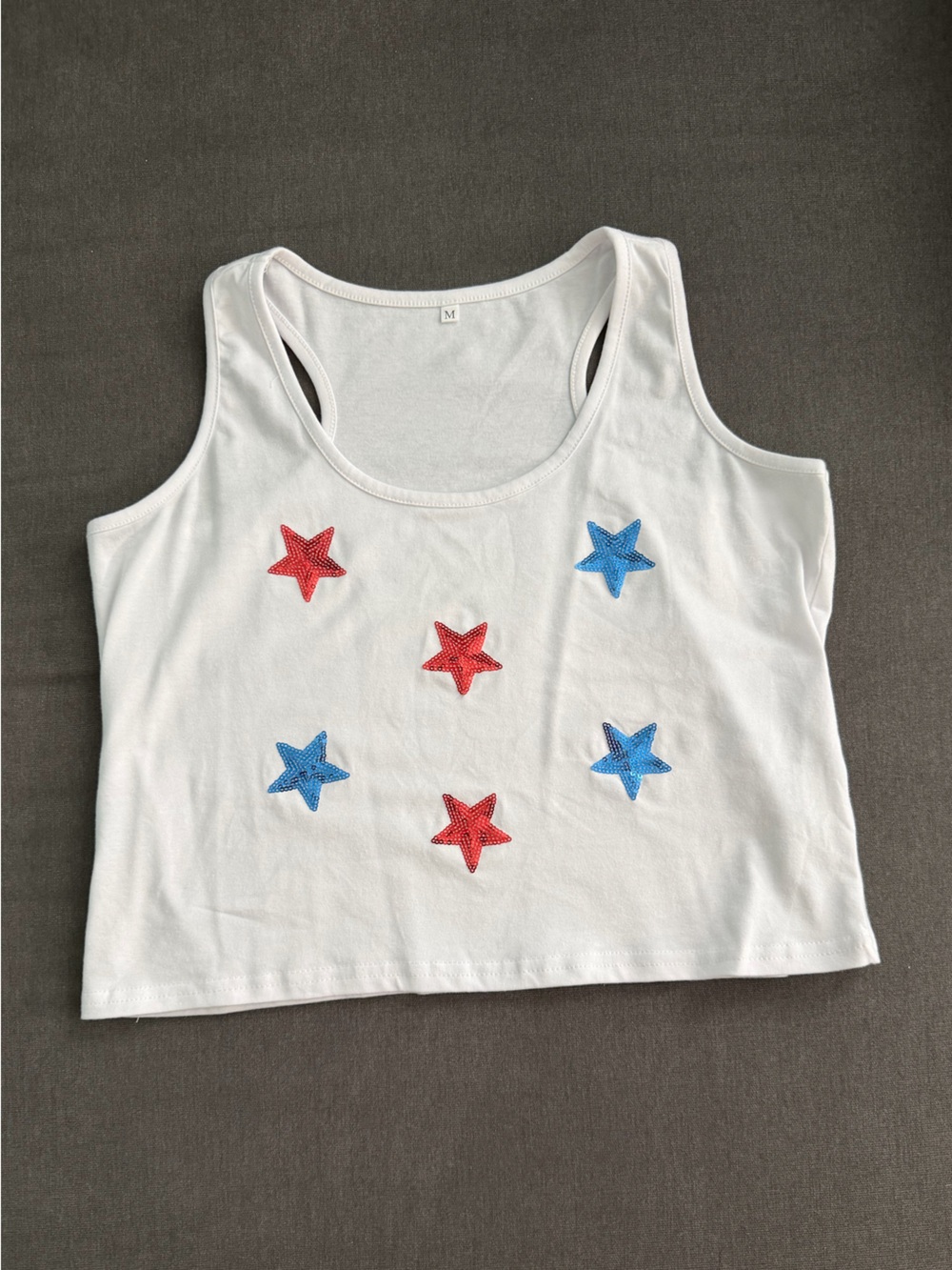 SHEIN White Tank Top with Red & Blue Star Patches